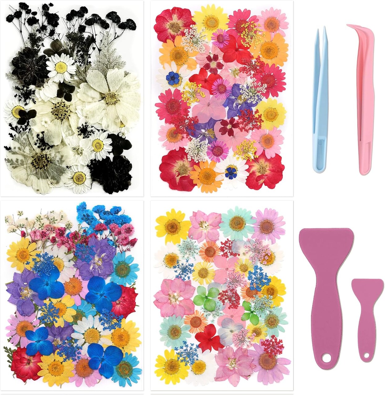 160-Piece Dried Pressed Flowers for Crafts – Assorted Natural Flowers for Resin, Jewelry, Candle Making, Scrapbooking, Wedding Cards & DIY Projects – Tweezers Included (Various Colors)